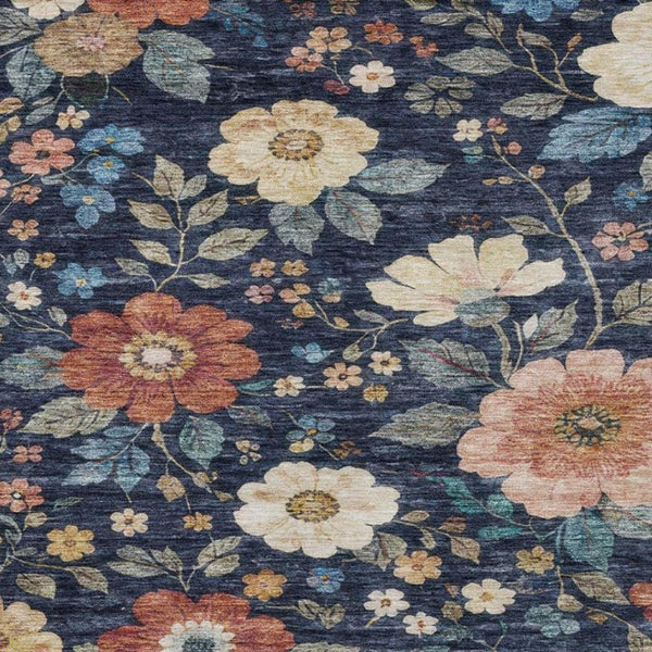 8 X 10 Navy Floral Polyester Area Rug Washable Stain Resistant Indoor Outdoor Patio