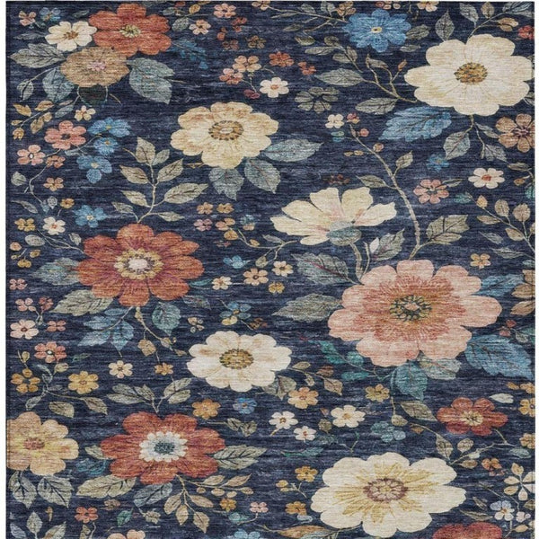 8 X 10 Navy Floral Polyester Area Rug Washable Stain Resistant Indoor Outdoor Patio