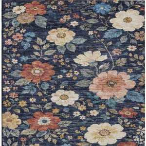 8 X 10 Navy Floral Polyester Area Rug Washable Stain Resistant Indoor Outdoor Patio