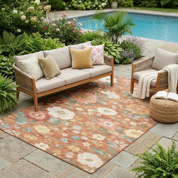 5x8 Floral Polyester Area Rug Washable Stain Resistant Indoor Outdoor Patio Accent