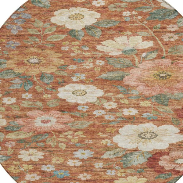 8 Ft Round Floral Polyester Area Rug for Indoor Outdoor High Traffic Spaces