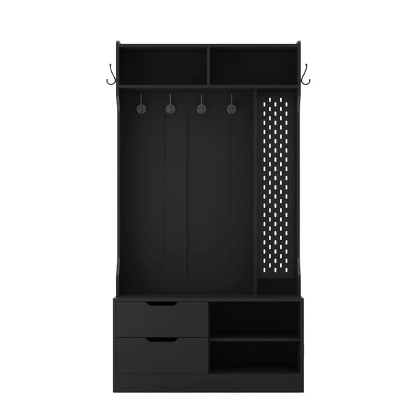 English Elm Hall Tree with Bench Six Hooks Open Shelves Matte Black Mdf Entryway Organizer W1321P444289