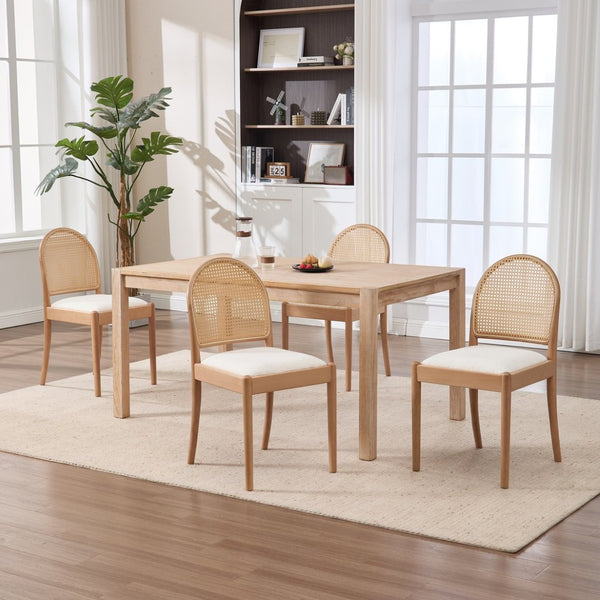 English Elm Rattan Backrest Dining Chairs Set of 2 Teddy Fabric Cushion Solid Wood Legs Kitchen Beige W3244P475485