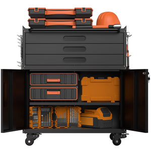 English Elm 34.3" Rolling Steel Tool Cabinet with 3 Drawers Lockable Doors and Pegboard Side Panels T2398P442672