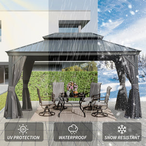 English Elm 10' X 14' Hardtop Gazebo, Durable Metal Canopy With Drainage, Curtains & Netting For Outdoor Comfort W1859S00137
