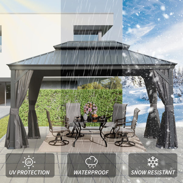 English Elm 10' X 14' Hardtop Gazebo, Durable Metal Canopy With Drainage, Curtains & Netting For Outdoor Comfort W1859S00137