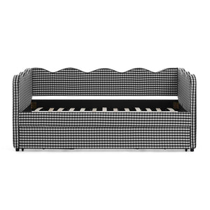 English Elm Cozy Twin Gingham Daybed with Trundle Sofa Bed, Linen Upholstery, USB Port, Wave Frame Design Black W1413S00102
