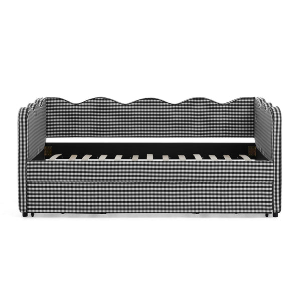 English Elm Cozy Twin Gingham Daybed with Trundle Sofa Bed, Linen Upholstery, USB Port, Wave Frame Design Black W1413S00102