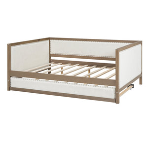 English Elm Full Upholstered Daybed with Trundle, Nailhead Trim, Solid Wood & Linen, Space-Saving 600lbs Capacity DL000588AAD