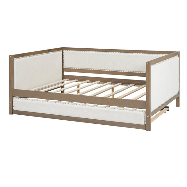 English Elm Full Upholstered Daybed with Trundle, Nailhead Trim, Solid Wood & Linen, Space-Saving 600lbs Capacity DL000588AAD