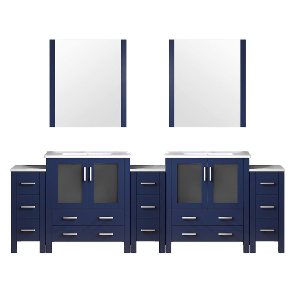 English Elm Navy Blue Double Bath Vanity With White Ceramic Top, Mirrors & Ample Storage - 108" Wide Design B2731S00605