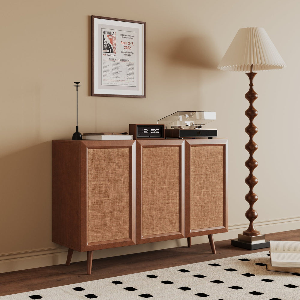 English Elm Entryway Walnut Rattan Storage Console Cabinet with Adjustable Shelves Mid-Century Buffet Sideboard W2263P207528