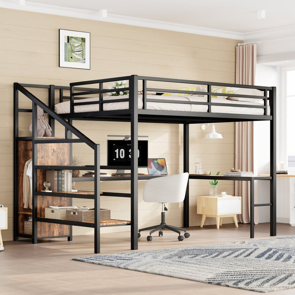 English Elm Queen Size Loft Bed With L-Shaped Desk, Usb Ports & Led Light - Modern Metal Frame For Stylish Spaces W1580S00180-GIGA