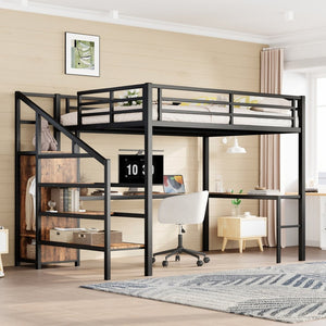 English Elm Queen Size Loft Bed With L-Shaped Desk, Usb Ports & Led Light - Modern Metal Frame For Stylish Spaces W1580S00180-GIGA