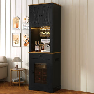 English Elm Bar Cabinet Farmhouse 69 Inch with Rgb Led Barn Door Wine Rack and Charging Station Black N728P438603B