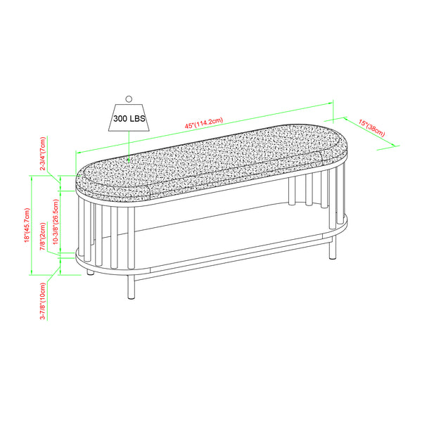 English Elm Walker Edison - Scandi Upholstered-Top Storage Bench with Cushion, Lower Shelf, Slatted Sides, Black MDF Design B185P169086