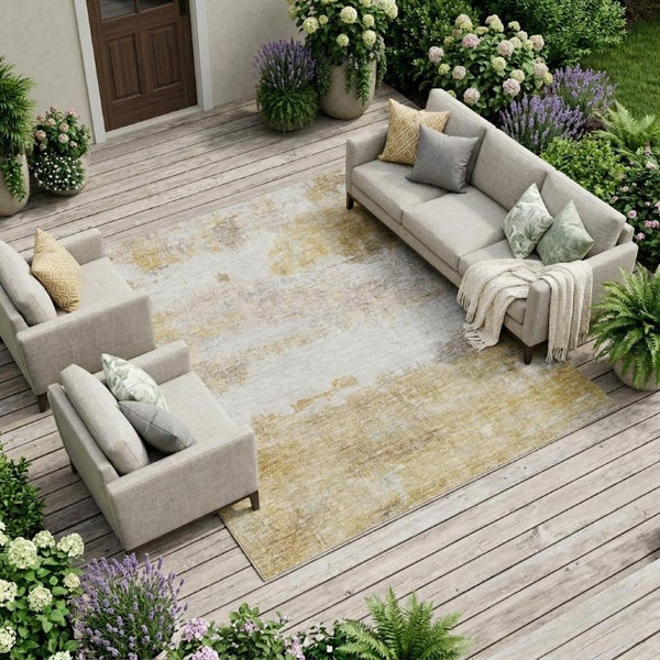 8 X 10 Gold Linen Abstract Polyester Area Rug Stain Resistant for Patio or Living Room