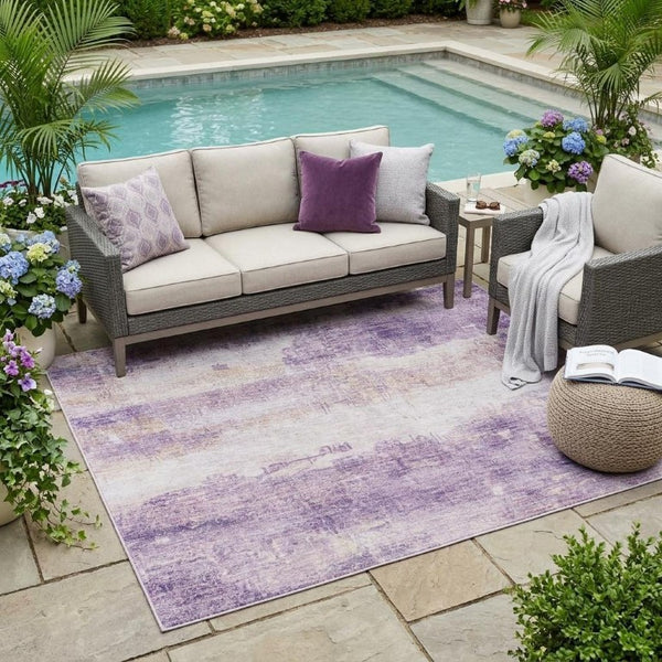 5x8 Abstract Lavender Purple Washable Polyester Rug for Patio Porch or Living Room