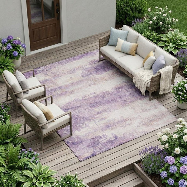 9 X 12 Lavender Purple Abstract Polyester Washable Rug for Patio or Living Room