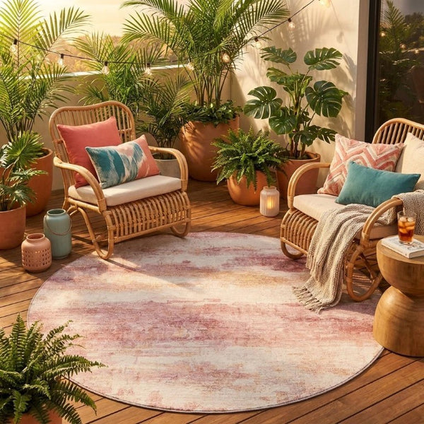 8 Ft Round Abstract Polyester Area Rug Pink Tan Washable Stain Resistant Indoor Outdoor