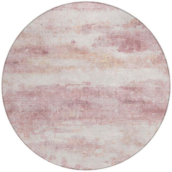 HomeRoots 8 Ft Round Abstract Polyester Area Rug Pink Tan Washable Stain Resistant Indoor Outdoor 746034