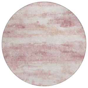 8 Ft Round Abstract Polyester Area Rug Pink Tan Washable Stain Resistant Indoor Outdoor