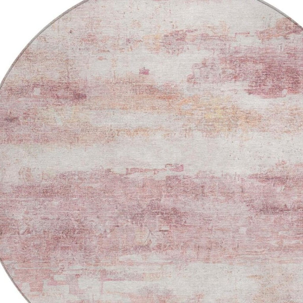 8 Ft Round Abstract Polyester Area Rug Pink Tan Washable Stain Resistant Indoor Outdoor