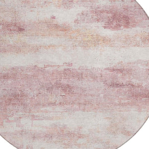 8 Ft Round Abstract Polyester Area Rug Pink Tan Washable Stain Resistant Indoor Outdoor