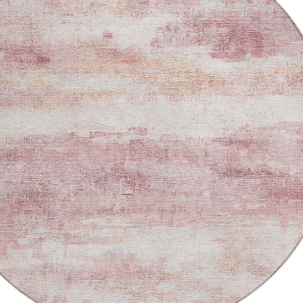 8 Ft Round Abstract Polyester Area Rug Pink Tan Washable Stain Resistant Indoor Outdoor