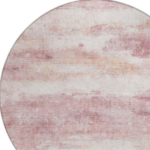 8 Ft Round Abstract Polyester Area Rug Pink Tan Washable Stain Resistant Indoor Outdoor