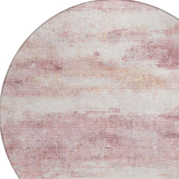 8 Ft Round Abstract Polyester Area Rug Pink Tan Washable Stain Resistant Indoor Outdoor
