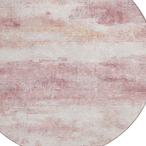 8 Ft Round Abstract Polyester Area Rug Pink Tan Washable Stain Resistant Indoor Outdoor