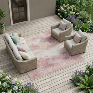 8 X 10 Pink Tan Abstract Polyester Area Rug Washable for Indoor Outdoor Spaces