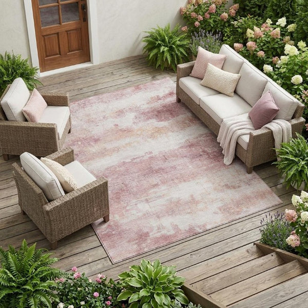 9 X 12 Abstract Pink Tan Polyester Area Rug Washable Stain Resistant Indoor Outdoor