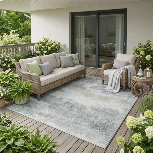 5x8 Teal Silver Abstract Polyester Area Rug Washable for Indoor Outdoor Use