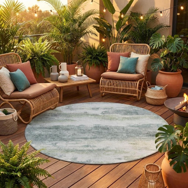 8 Foot Round Abstract Teal Polyester Area Rug Washable for Patio or Family Room