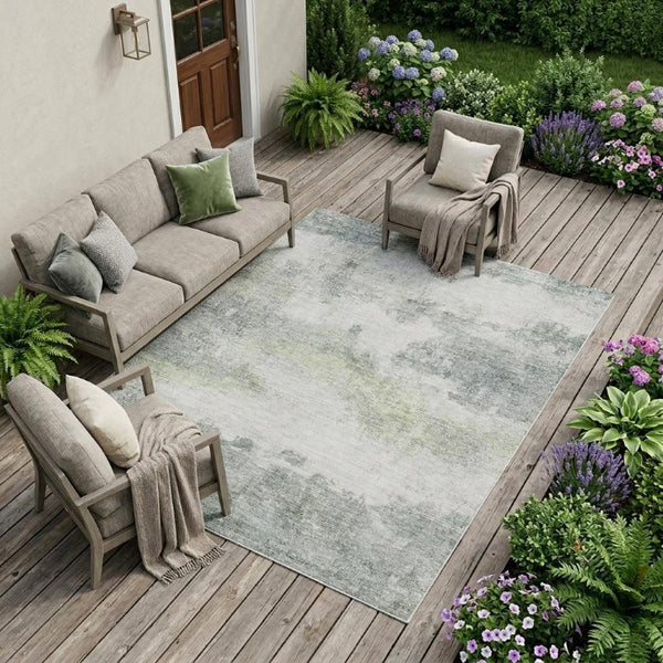 9 X 12 Teal Silver Abstract Polyester Area Rug Stain Resistant for Patio or Living Room