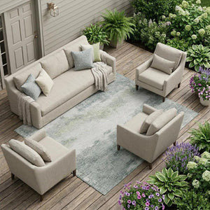 10 X 14 Abstract Teal Silver Washable Polyester Rug for Patios and Living Rooms