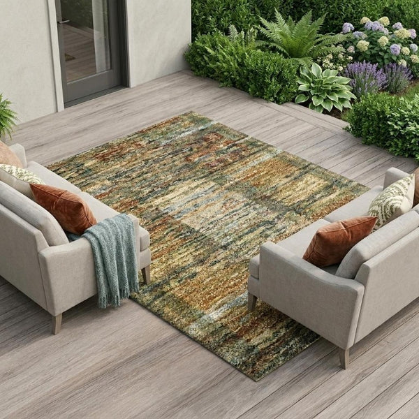 9 X 12 Abstract Green Ivory Polyester Area Rug Stain Resistant Indoor Outdoor Use