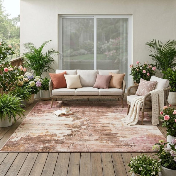 5 X 8 Blush Abstract Polyester Area Rug Washable Stain Resistant Indoor Outdoor
