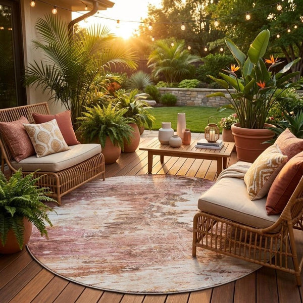 8 Foot Blush Pink Round Abstract Polyester Washable Rug for Patio or Family Room