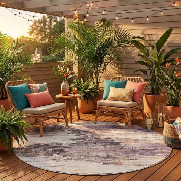 8 Foot Round Abstract Polyester Area Rug for Indoor Outdoor Stain Resistant Use