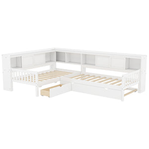 English Elm L-shaped Twin Platform Bed with Trundle, Solid Wood Corner Sleeper with Drawers, Shelves, No Box Spring Needed White W1580S00259