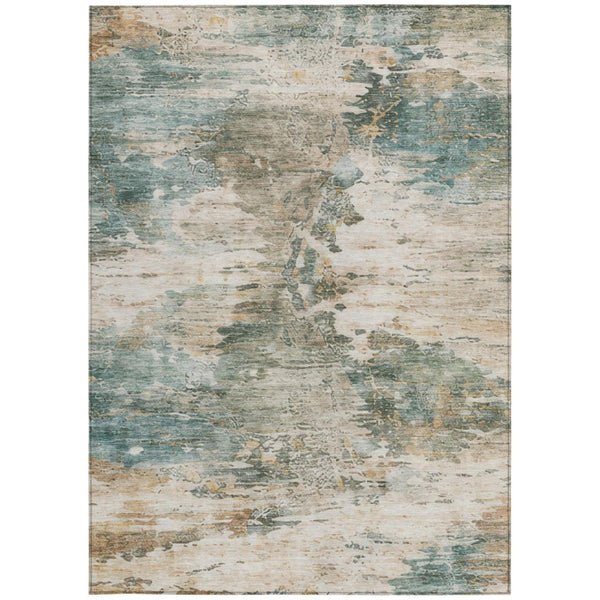 8 X 10 Teal Beige Abstract Polyester Area Rug Washable for Indoor Outdoor Use