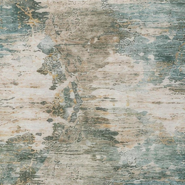 8 X 10 Teal Beige Abstract Polyester Area Rug Washable for Indoor Outdoor Use