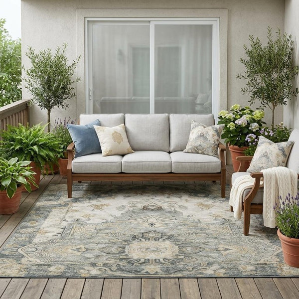 5 X 8 Floral Medallion Polyester Area Rug Washable for Indoor Outdoor Spaces