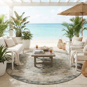 8 Foot Round Medallion Floral Polyester Rug Washable for Patio Porch or Family Room