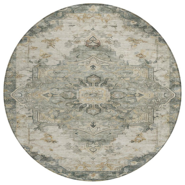 8 Foot Round Medallion Floral Polyester Rug Washable for Patio Porch or Family Room