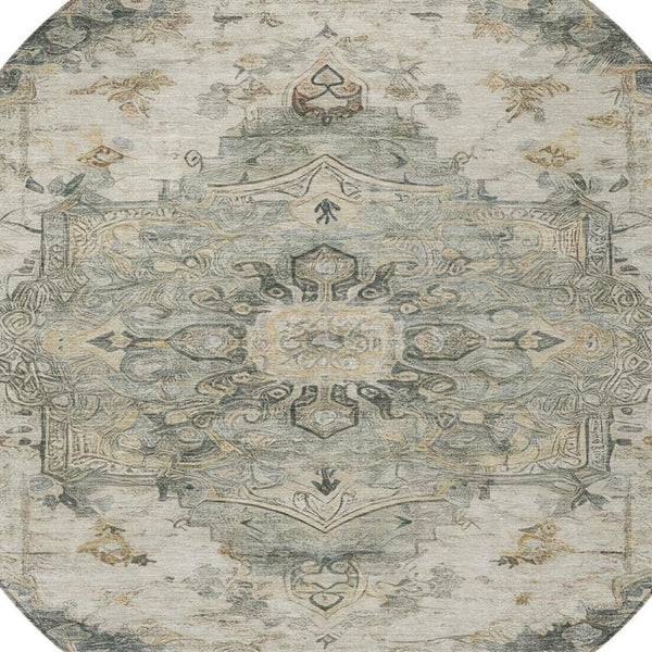 8 Foot Round Medallion Floral Polyester Rug Washable for Patio Porch or Family Room