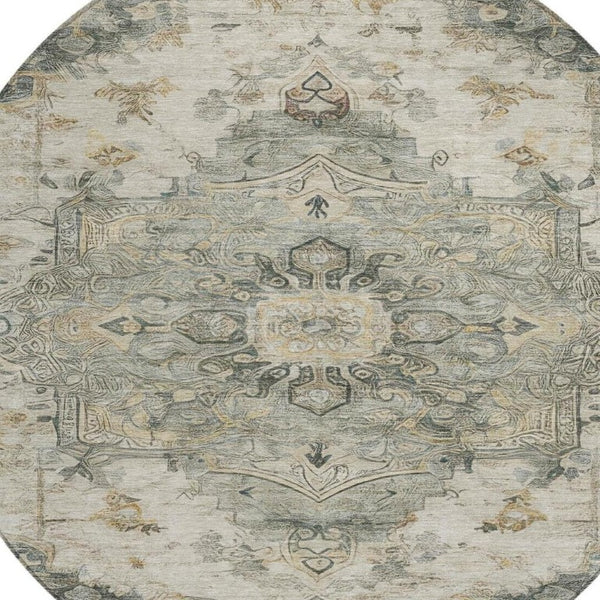 8 Foot Round Medallion Floral Polyester Rug Washable for Patio Porch or Family Room